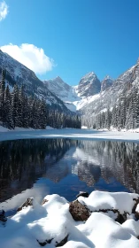 Peaceful snowy lake cradled by bright blue mountain skies.
