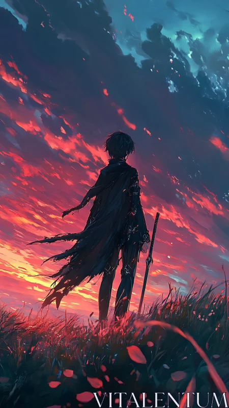 Lone swordsman surveys blazing sunset storm sky.