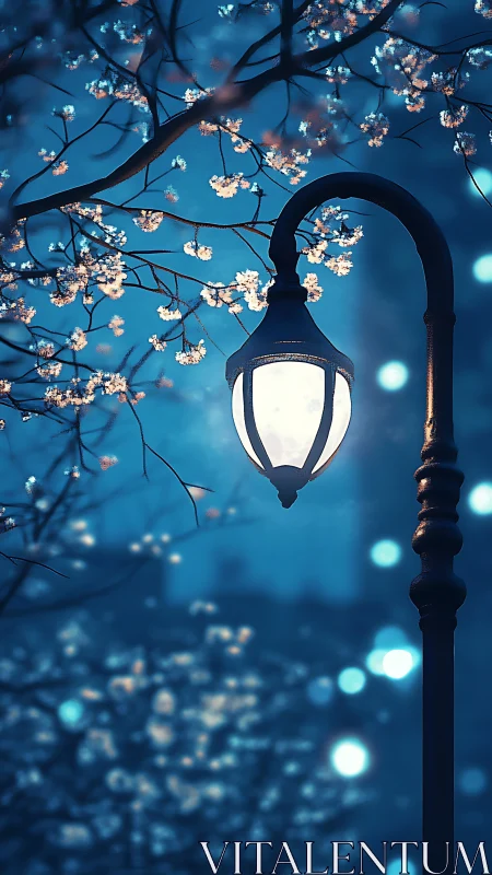 Digital painting of lamppost and blossom canopy in blue dusk.
