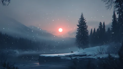 Pink winter sun settles over a tranquil frozen forest lake