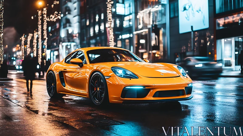 Yellow sports coupe on wet city street at night.