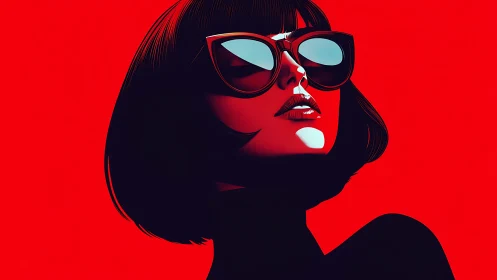 Female figure in sunglasses on red background illustration.