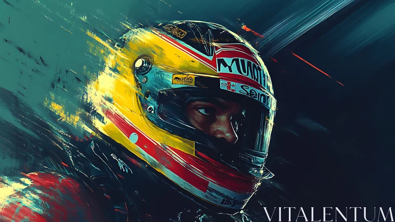 Racing driver portrait in motion with vivid helmet detail.