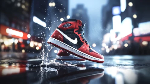 Bold red sneaker splashes through neon city rain at night