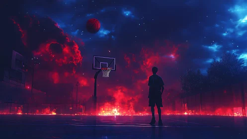 Silhouetted player on court under red and blue cosmic sky.