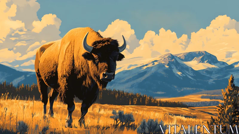 Majestic bison dominates stylized alpine grassland panorama