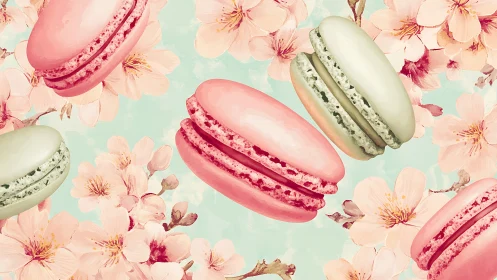 Pastel macarons float among stylized cherry blossoms softly