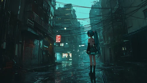 Neon alley daydream with lone teal haired cyber songstress.
