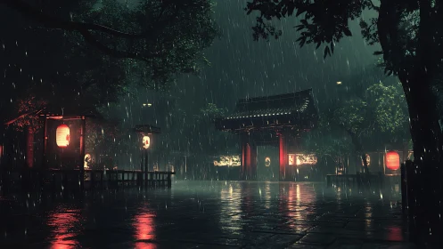 Nocturnal shrine courtyard in heavy rain with lantern luminance.