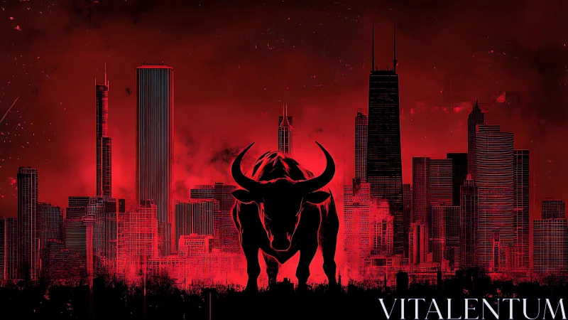 Digital painting of bullish silhouette against red cityscape.