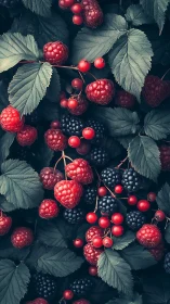 Sun-kissed forest berries nestled in cool green leaves.