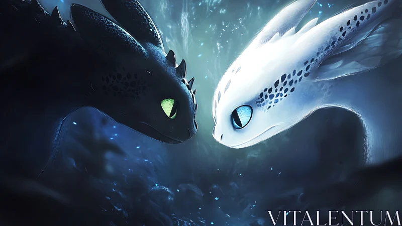 Bioluminescent dragon pair in cinematic underwater glow.
