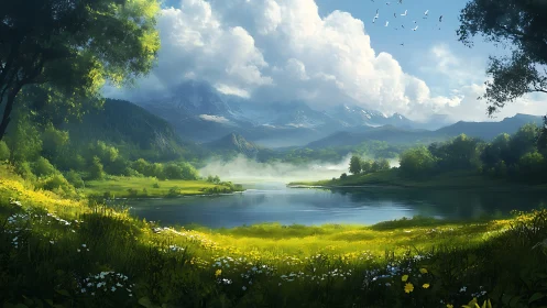 Peaceful mountain lake embraced by sunlit wildflower meadows.