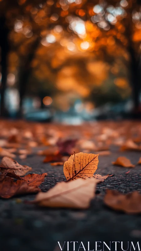 Golden leaf rests gently on a quiet autumn city street