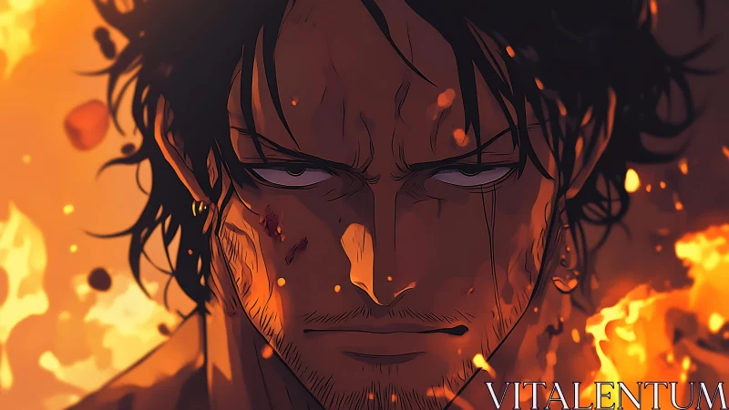 Scorched warrior’s eyes hold unbroken resolve in the fire