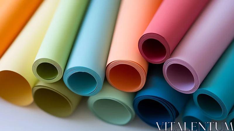 Rolled pastel colored paper sheets arranged in close view.