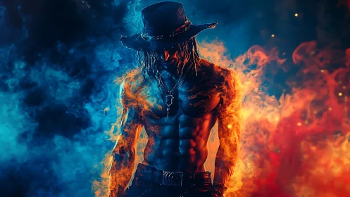Elemental cowboy stands between roaring fire and ice smoke.