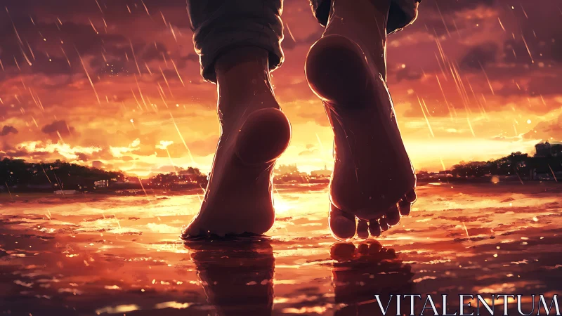 Bare feet walking on wet shoreline under orange sunset sky.