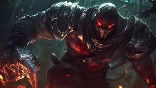 Ember-eyed war colossus strides through storming embers