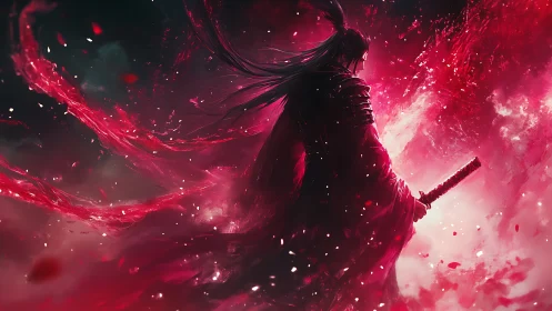 Crimson samurai stands calm as swirling energy ignites night