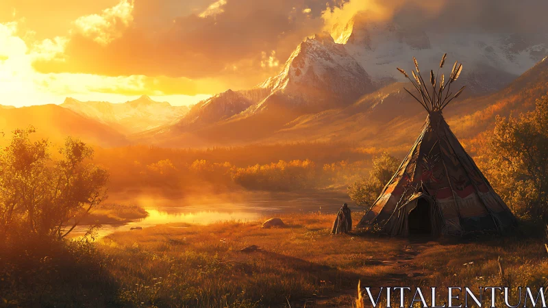 Sunlit teepee camp rests below dramatic alpine mountains.