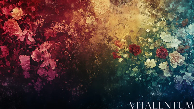 Floral blooms drift across a moody, textured twilight wall