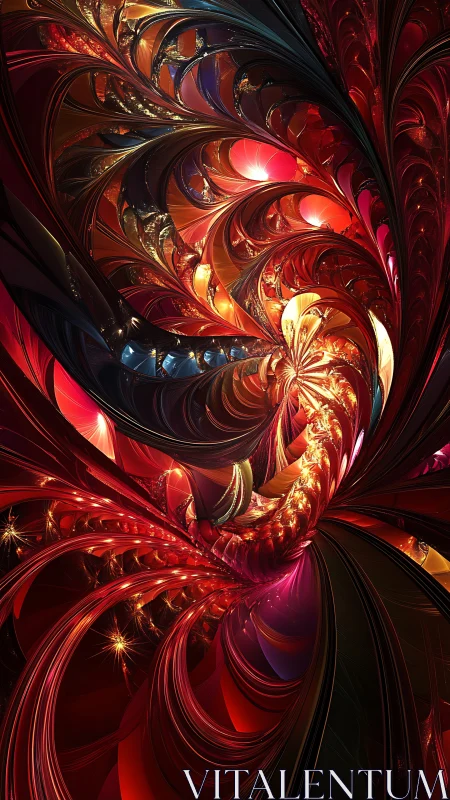 Fractal spiral blooms through molten red and gold ribbons