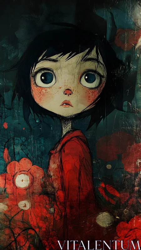 Wide-eyed girl wandering through restless crimson blooms.