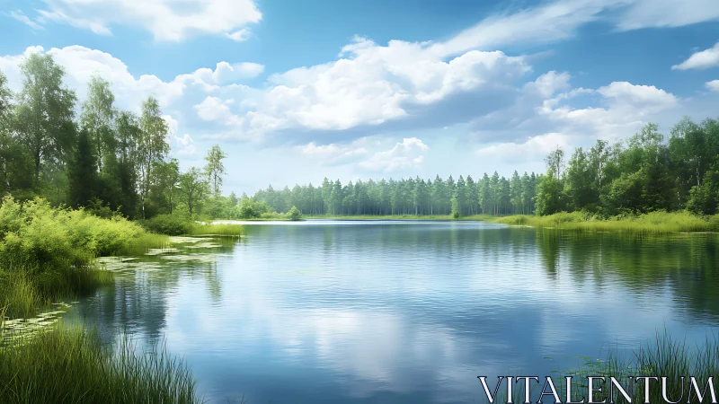 Summer lake hush under bright drifting clouds.