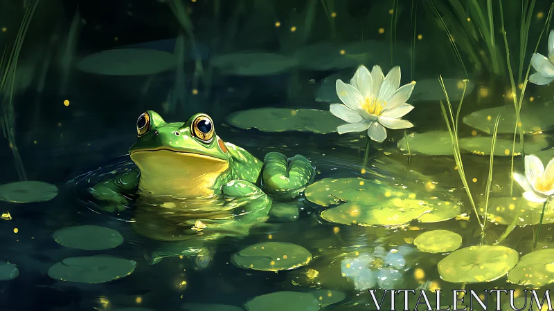 Green frog among lily pads in a dim pond environment.