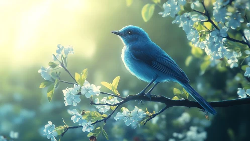 Blue songbird on flowering branch in soft morning light, realistic style.