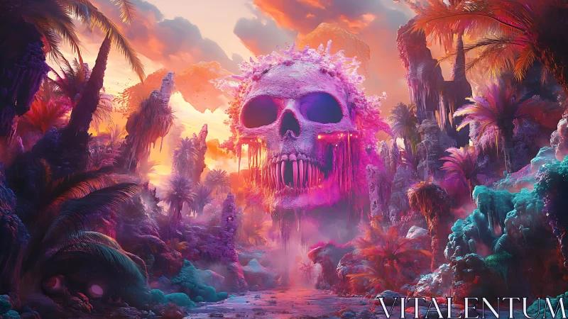 Neon skull storm hovering over a lush cosmic jungle.