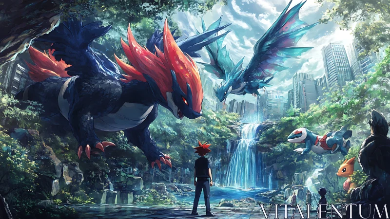 Urban waterfall arena where colossal sky beasts gather.