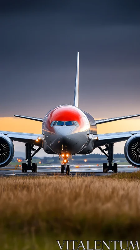 Sunset runway moment with a bold red-nosed airliner.