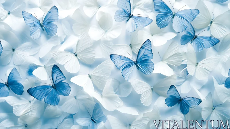 Gentle blue and white butterflies drifting in soft light.