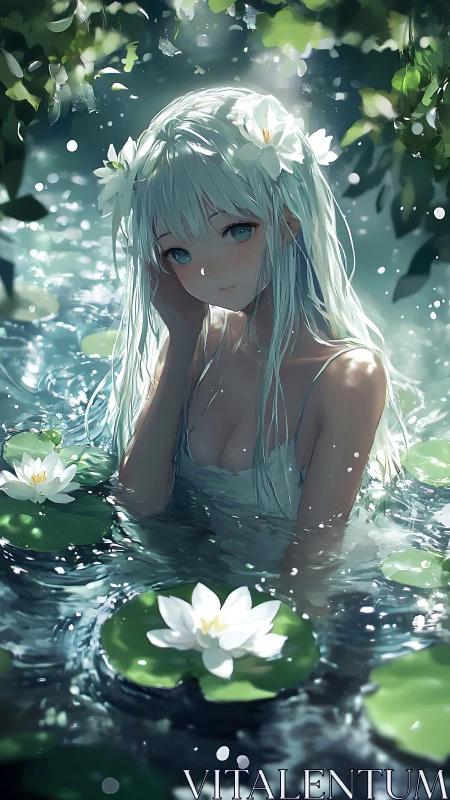 Water nymph girl amid glowing lilies in moonlit pond.