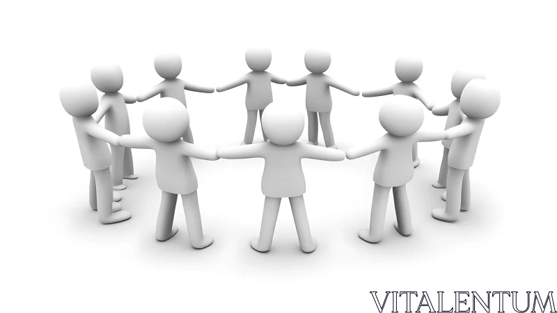 Rendered white figures stand in a closed ring formation