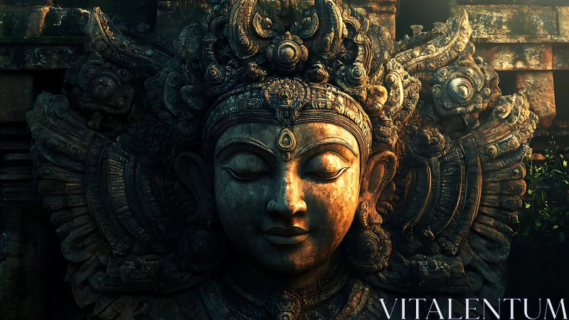 Stone deity relief with ornate headdress in low light.