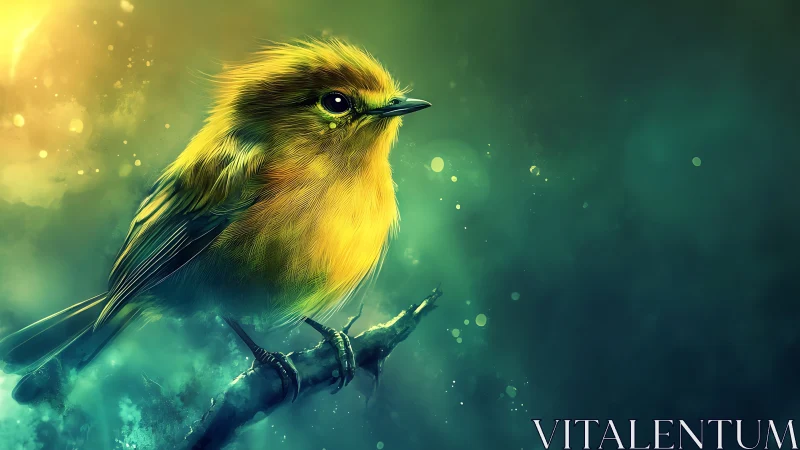 Luminous yellow songbird rests on branch in glowing mist