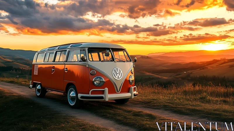 Vintage Volkswagen van is parked on a rural dirt road at sunset