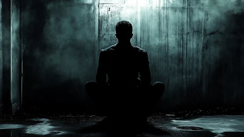 Backlit solitary figure seated in moody industrial corridor