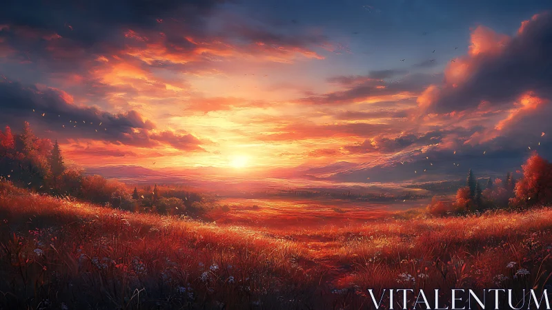 Sun sets over wide red meadow under dense glowing clouds