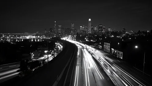 Night highway light trails before dense urban skyline.