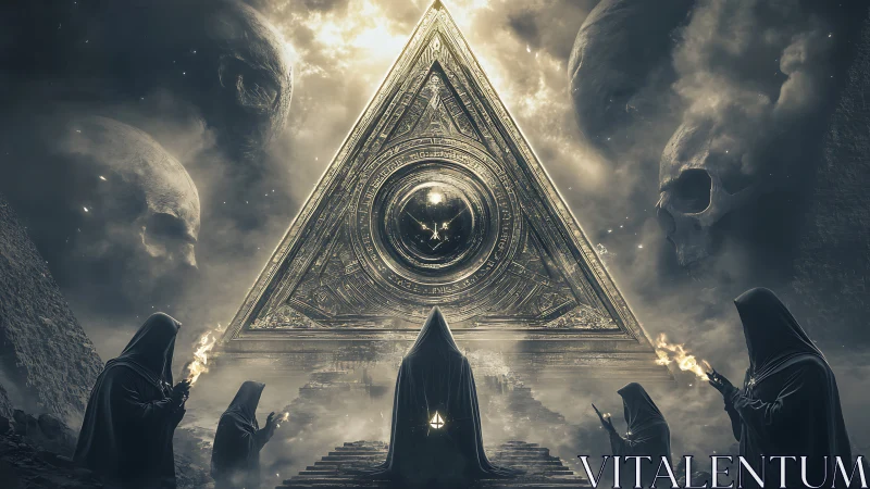 Hooded figures surround glowing pyramid portal in misty void