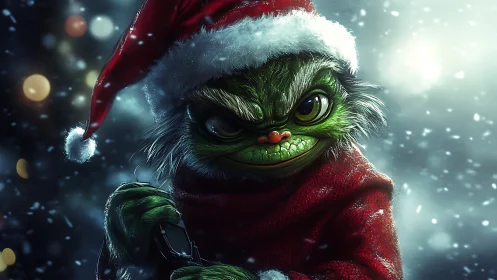 Sinister green creature in Santa suit under cinematic snowfall