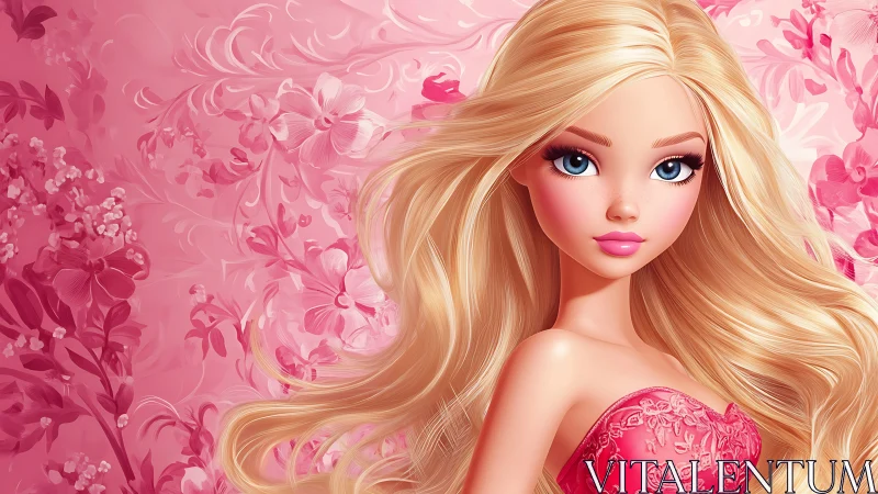 Blonde daydream doll in a swirling candy-rose blossom storm.