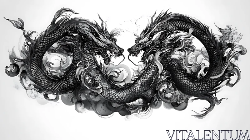 Twin ink dragons swirling in a storm of smoke and light.