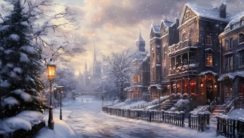 Cozy winter street glowing with lamplight and gentle snowfall.
