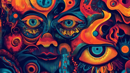 Layered abstract faces with multiple eyes in vivid colors.
