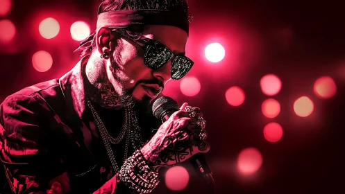 Tattooed vocalist in neon red concert spotlight portrait.